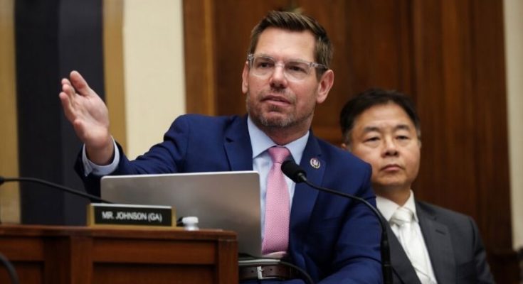 Eric Swalwell speaking amid ethics controversy