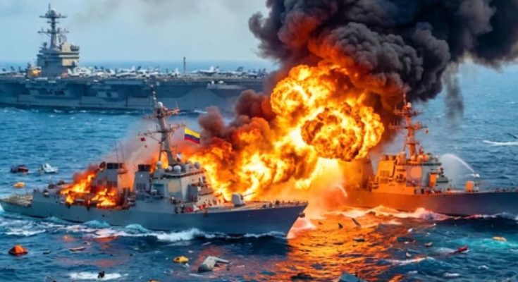 U.S. carrier refueling at sea with escorts