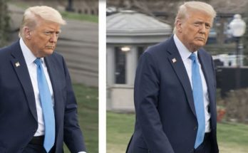 Donald Trump walking near Marine One helicopter