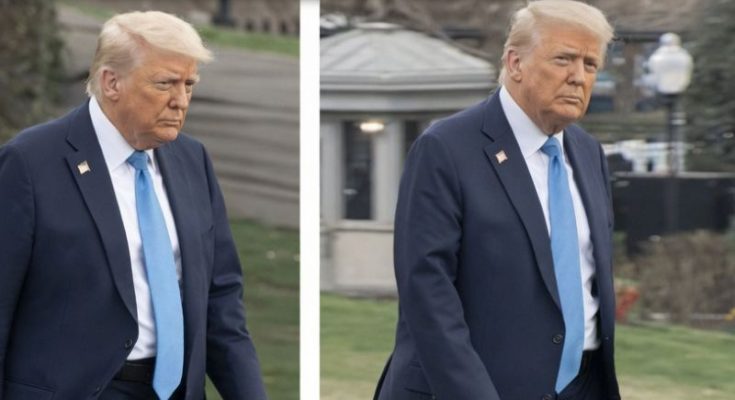 Donald Trump walking near Marine One helicopter