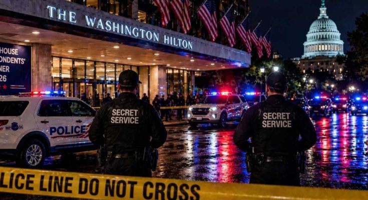 secret Service agents outside Washington Hilton at night with police cars