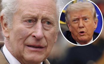 king Charles III portrait with Donald Trump inset image and headline about controversial