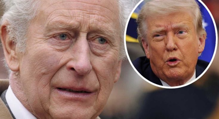 king Charles III portrait with Donald Trump inset image and headline about controversial