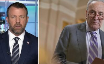 split-screen news broadcast showing DHS official Markwayne Mullin and Senator Chuck
