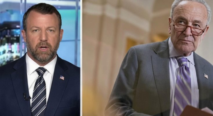 split-screen news broadcast showing DHS official Markwayne Mullin and Senator Chuck