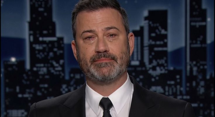 jimmy Kimmel crying with tears streaming down his face during emotional late night