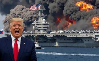aircraft carrier ablaze with man in suit and flags visible