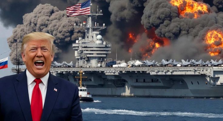 aircraft carrier ablaze with man in suit and flags visible