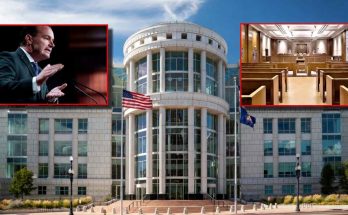 scott Matheson Courthouse exterior with American flag, inset images of speaking justice