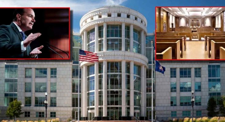 scott Matheson Courthouse exterior with American flag, inset images of speaking justice