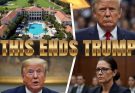 mar-a-Lago estate with Donald Trump in courtroom and press conference scenes, bold gold