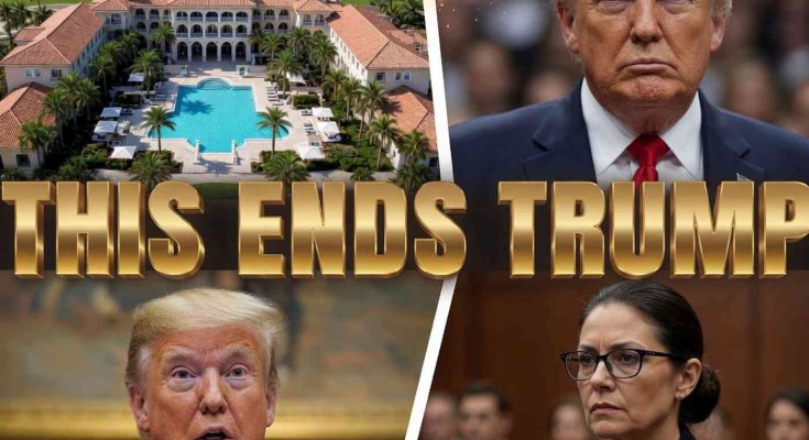 mar-a-Lago estate with Donald Trump in courtroom and press conference scenes, bold gold