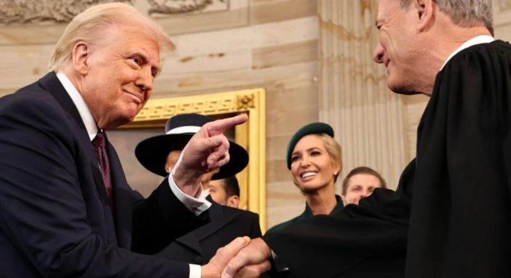 leaders exchange smiles and handshake in formal setting