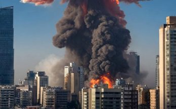 massive explosion with smoke over city skyline, dramatic scene