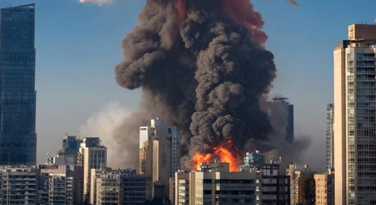 massive explosion with smoke over city skyline, dramatic scene