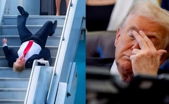 split image shows Donald Trump falling backward down airplane stairs and rubbing his eye