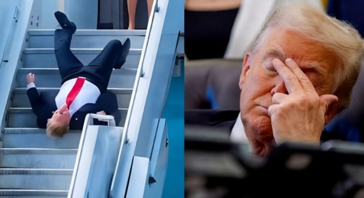 split image shows Donald Trump falling backward down airplane stairs and rubbing his eye