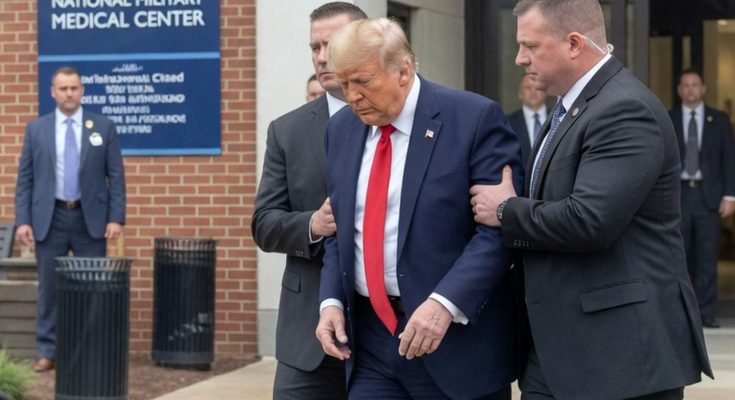 donald Trump in navy suit and red tie escorted by Secret Service agents outside Walter