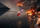 military aircraft over burning coastline with concerned man observing