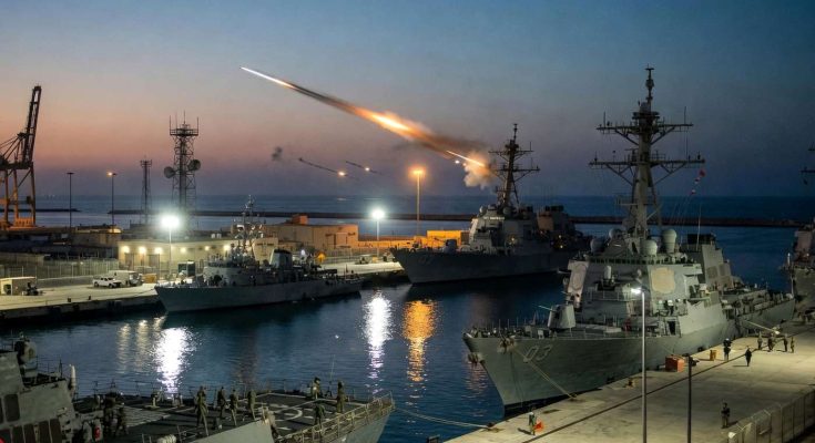 warships docked at naval base with missile launch at dusk