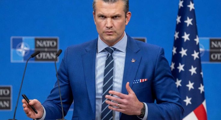 man in blue suit speaking at NATO press conference