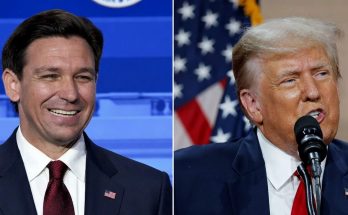 split image showing Ron DeSantis smiling and Donald Trump speaking at microphone with