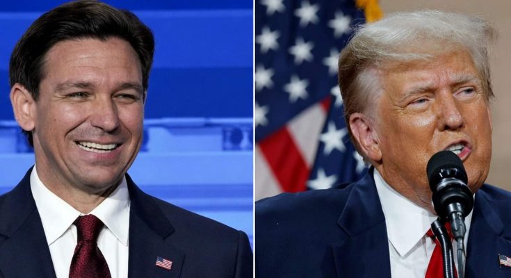 split image showing Ron DeSantis smiling and Donald Trump speaking at microphone with