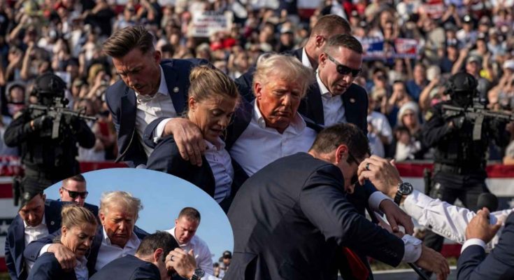 secret Service agents protect former President Trump at rally after shots fired, with