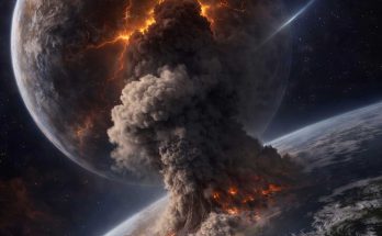 massive volcanic eruption plume rising from Earth toward a cracked, lightning-filled