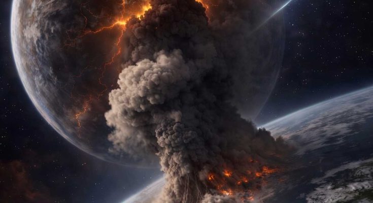 massive volcanic eruption plume rising from Earth toward a cracked, lightning-filled