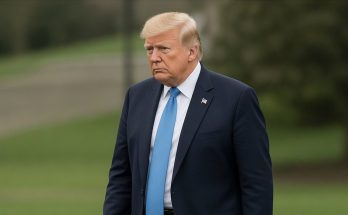 donald Trump in navy suit and bright blue tie standing outdoors with serious expression