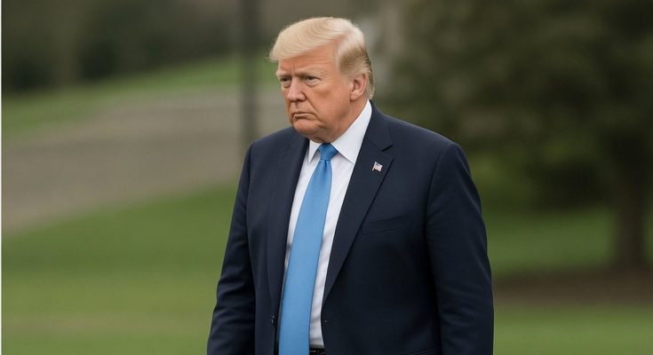 donald Trump in navy suit and bright blue tie standing outdoors with serious expression