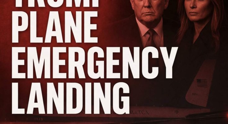 donald Trump and Melania Trump with emergency landing breaking news text overlay on
