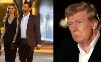 split image showing Donald Trump Jr with girlfriend Bettina Anderson walking together on