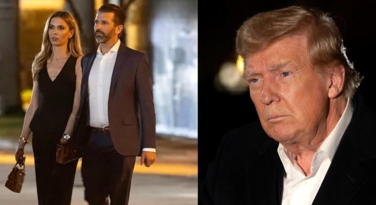 split image showing Donald Trump Jr with girlfriend Bettina Anderson walking together on