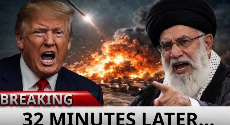donald Trump and Ayatollah Khamenei with breaking news banner reading 32 MINUTES LATER