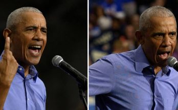 split image of Barack Obama speaking emphatically at microphones, showing expressive hand