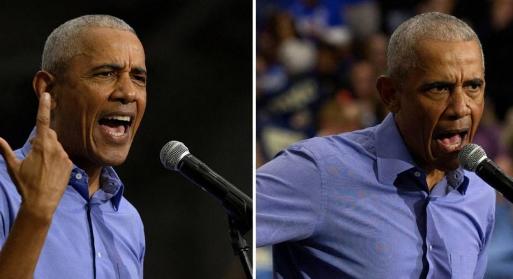 split image of Barack Obama speaking emphatically at microphones, showing expressive hand