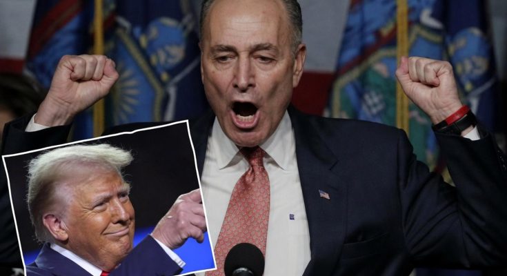 chuck Schumer raises both fists with mouth open in apparent exasperation, with Breaking