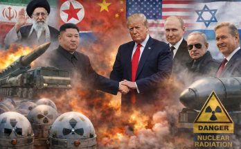 world leaders amid nuclear threat and international flags