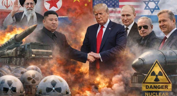 world leaders amid nuclear threat and international flags