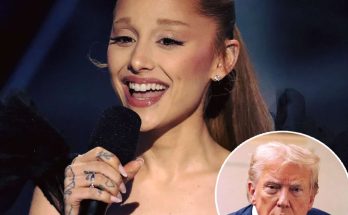 ariana Grande smiling on stage with microphone, inset of Donald Trump, text overlay