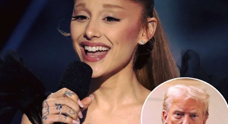 ariana Grande smiling on stage with microphone, inset of Donald Trump, text overlay
