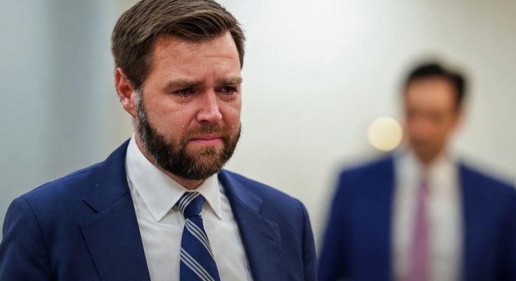 JD Vance crying in blue suit with striped tie, breaking news text overlay