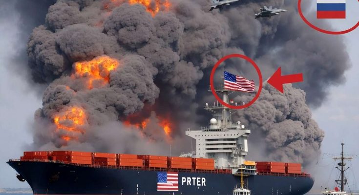 burning container ship with American flag, Russian jets overhead, inset shows damaged