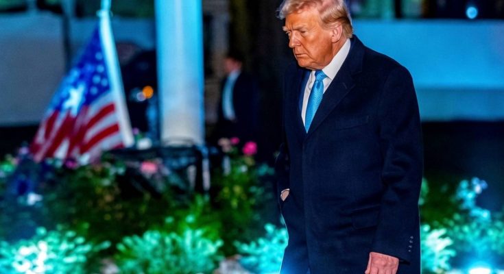man in dark coat walks past flag in illuminated garden