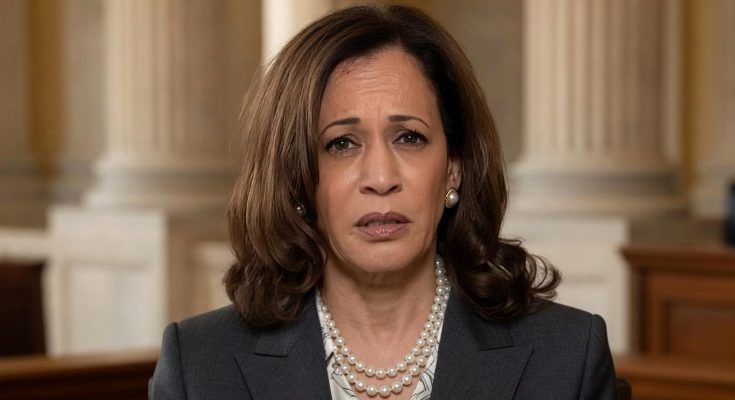 vice President Kamala Harris wearing a double-strand pearl necklace and dark suit speaks