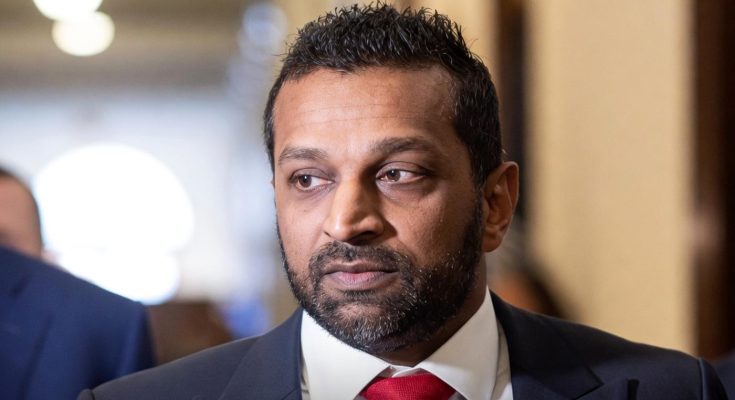 kash Patel in dark suit and red tie with headline text 'See You In Court' overlay