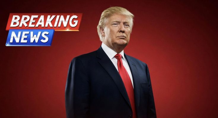 prominent figure in red tie with Breaking News banner