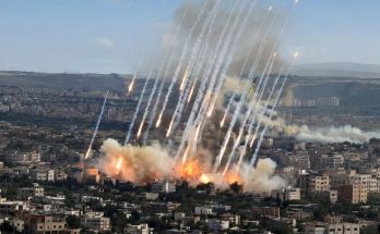 rockets and explosions over city skyline during conflict